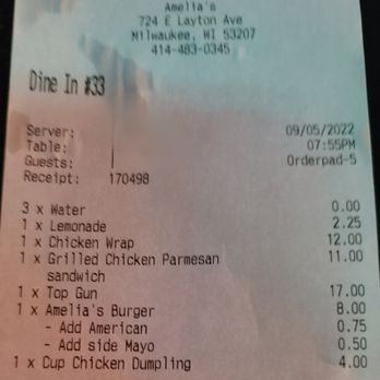 Amelia's - The Receipt showing the Price charged. Waitress's name redacted as that aspect wasn't on her. - Pizza Near Me - Milwaukee, Wisconsin