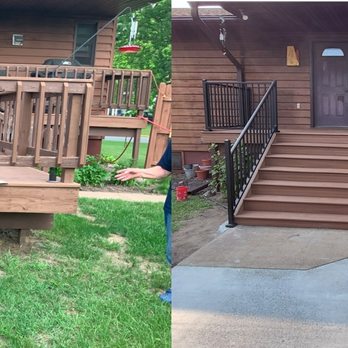 Heritage Builders - A before and after of a deck glow up with new, safer railings and a 18 x 18 poured concrete patio. - General Contractors Near Me - Menomonie, Wisconsin