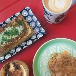 Vietnamese egg coffee, quiche, latte & sausage breakfast sandwich! Yum