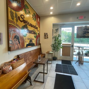 Surrounding Counties - Bench and two small tables - Coffee & Tea Near Me - Richmond, Virginia