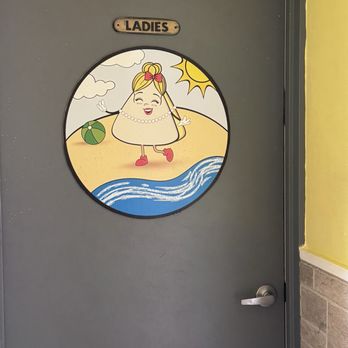 Absolutely CheeZee - Ladies room - The image shows a gray door with a small wooden sign labeled 'LADIES' above a circular cartoon illustration. The cartoon depicts a smiling ice cream cone character with a pink bow, wearing red shoes, at the beach with a sun, clouds, and water in the background. The door handle is silver, and part of a yellow wall and brick wall are visible on the right side of the image. - Soup Near Me - Ormond Beach, Florida