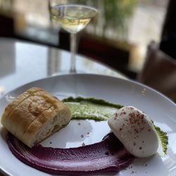 VINIA Wine & Kitchen - Burrata with purple (beet) and green (basil) pesto