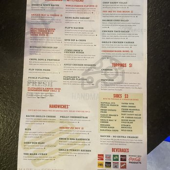 Flipdaddy's - The back of the menu. Appetizers, sides, handhelds, etc.. - Burgers Near Me - Corydon, Indiana
