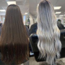 Sax Hair - Dark brown to Platinum Blonde rooted, one visit