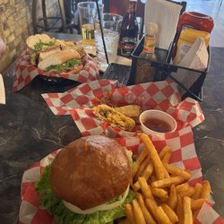 Dillinger's Pub Bootleggers - Baby Face Burger, Italian Monster Sub, and what's left of our Sante Fe Rolls (it came with 6,)
