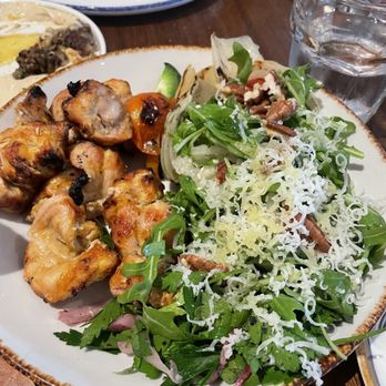 Hamsa - Chicken Skewers with Salad - Mediterranean Near Me - Houston, Texas Hamsa - Chicken Skewers with Salad - Mediterranean Near Me - Houston, Texas