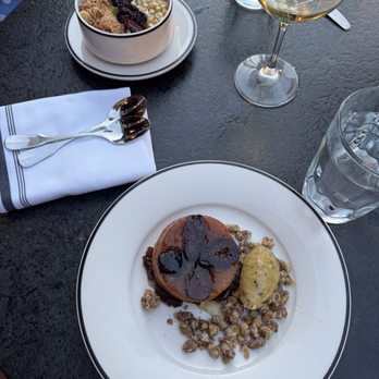 Supper - Top: Sweet Corn Panna Cotta with Basil, Blackberries and Corn Streusel Bottom: Caramelized Fig and Ricotta Upside-Down Cake with Pistachios - New American Near Me - San Antonio, Texas