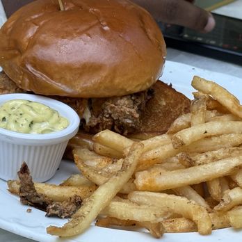 Primrose - Chicken sandwich and fries. Herb aioli on the side. - New American Near Me - Las Vegas, Nevada Primrose - Chicken sandwich and fries. Herb aioli on the side. - New American Near Me - Las Vegas, Nevada