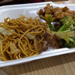 Panda Express - Noodles, beef and broccoli, and orange chicken