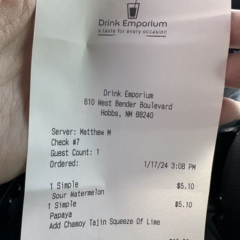 Drink Emporium - the receipt for the drink emporium - Coffee & Tea Near Me - Hobbs, New Mexico Drink Emporium - the receipt for the drink emporium - Coffee & Tea Near Me - Hobbs, New Mexico