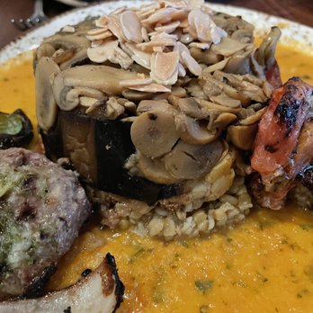 DishDash - M’shakaleh (layers of mushrooms, grilled tomatoes, eggplant, cauliflower, tomato-yogurt) - Middle Eastern Near Me - Sunnyvale, California