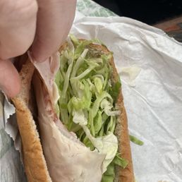 "Oven Roasted Turkey & Ham". 1 slice of turkey and a slice and a half of ham. Not toasted. "Oven Roasted Turkey & Ham". 1 slice of turkey and a slice and a half of ham. Not toasted.
