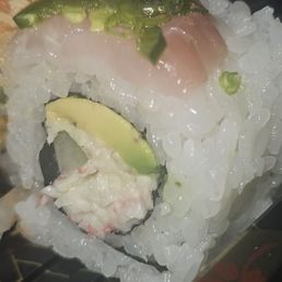 Super thin piece of fish doesn't even completely cover the top of the roll. Super thin piece of fish doesn't even completely cover the top of the roll.