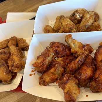 Running Chicks - Monterey Park - Soy garlic on the left, lemon pepper at the top, and spicy chili at the bottom, right. - Chicken Wings Near Me - Monterey Park, California Running Chicks - Monterey Park - Soy garlic on the left, lemon pepper at the top, and spicy chili at the bottom, right. - Chicken Wings Near Me - Monterey Park, California