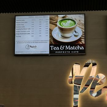 Perfecto Cafe - tea and matcha menu, all matcha & tea drinks can be made iced (0.35 extra) - Cafes Near Me - Vancouver, British Columbia