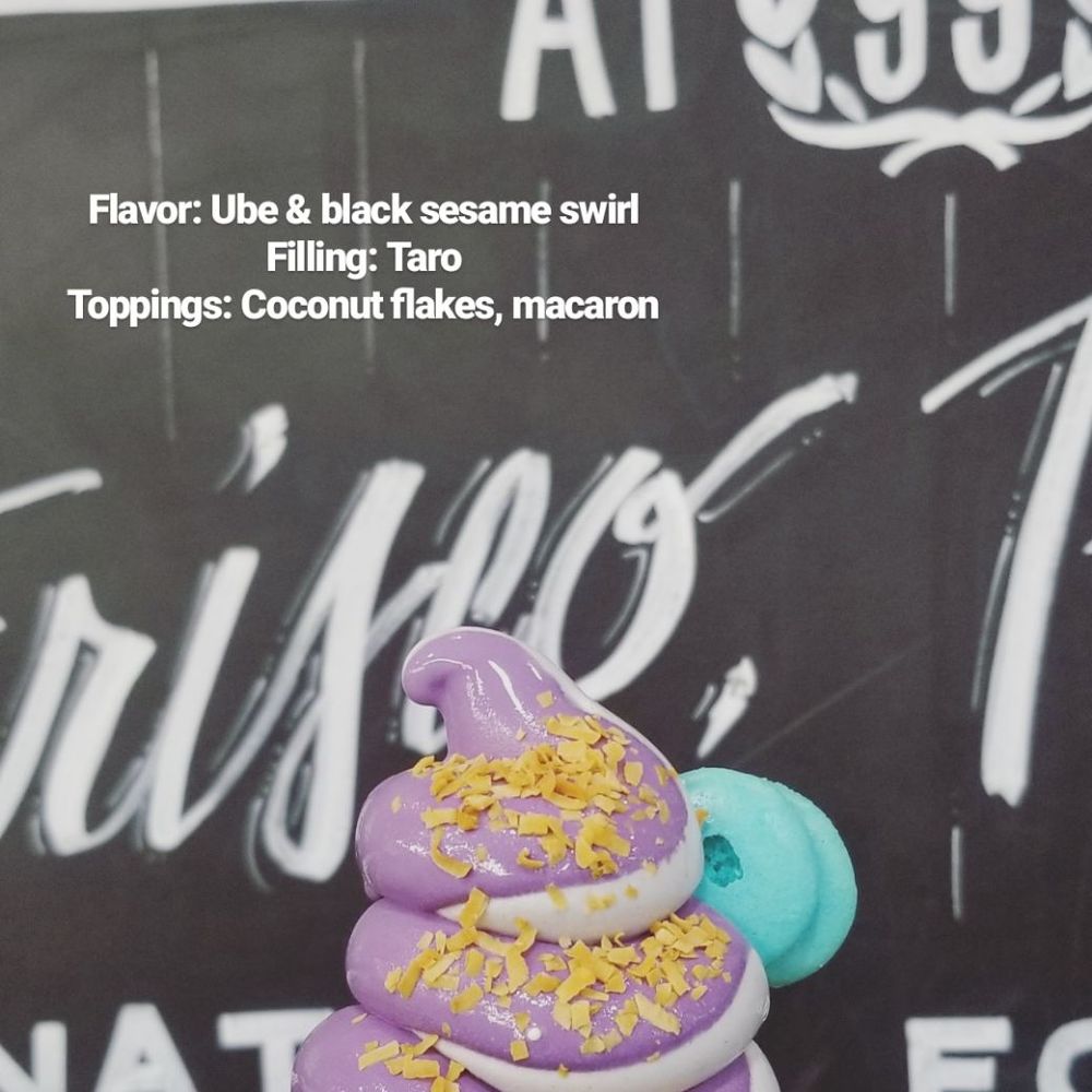 Somisomi - Ah-boong with ube and black sesame soft serve, taro filling, macron and coconut flakes toppings - Desserts Near Me - Frisco, Texas Somisomi - Ah-boong with ube and black sesame soft serve, taro filling, macron and coconut flakes toppings - Desserts Near Me - Frisco, Texas