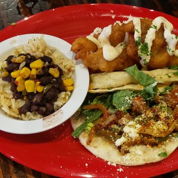Cabo Fish Taco - Carne Asada taco, Beer Battered White Fish taco and a side of black beans over rice - Latin American Near Me - Charlotte, North Carolina Cabo Fish Taco - Carne Asada taco, Beer Battered White Fish taco and a side of black beans over rice - Latin American Near Me - Charlotte, North Carolina