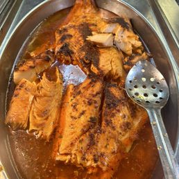Dry salmon. It was so hard you couldn't split it with the spoon. Dry salmon. It was so hard you couldn't split it with the spoon.