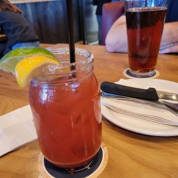 BoomerJack's Grill - Bloody Mary and a tall Shiner in the background - Sports Bars Near Me - Fort Worth, Texas