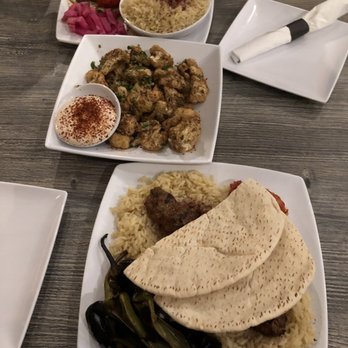The Diplomat Eatery and Tavern - Beef shawarma (top), fried cauliflower (middle), lule kebab (bottom) - Mediterranean Near Me - Monrovia, California