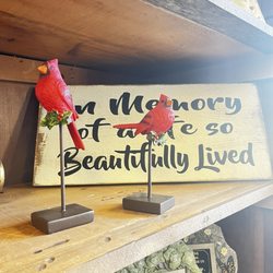Sun Prairie Flowers By Hen and Chick - Wood carved cardinals and novelty signs