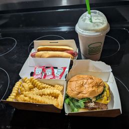 Shake Shack double burger,fries,Vienna dog and cookies and cream shake!
