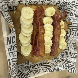 Peanut butter banana bacon waffles. This was so good!!!