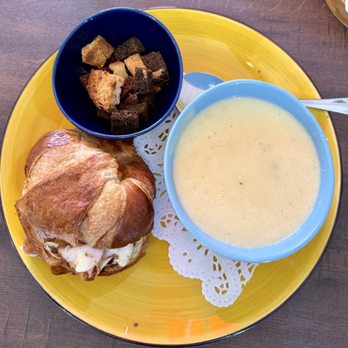 Reading Room Cafe - Ham and Gruyère croissant with broccoli cheddar soup - Coffee & Tea Near Me - Cos Cob, Connecticut Reading Room Cafe - Ham and Gruyère croissant with broccoli cheddar soup - Coffee & Tea Near Me - Cos Cob, Connecticut