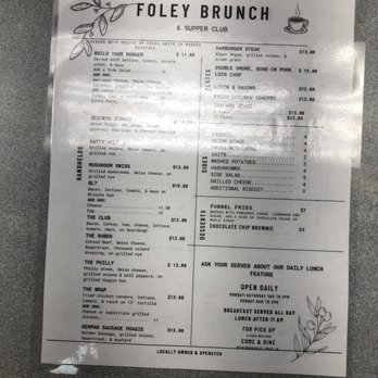 Foley Brunch & Supper Club - Lunch menu. Available anytime - Coffee & Tea Near Me - Foley, Alabama Foley Brunch & Supper Club - Lunch menu. Available anytime - Coffee & Tea Near Me - Foley, Alabama