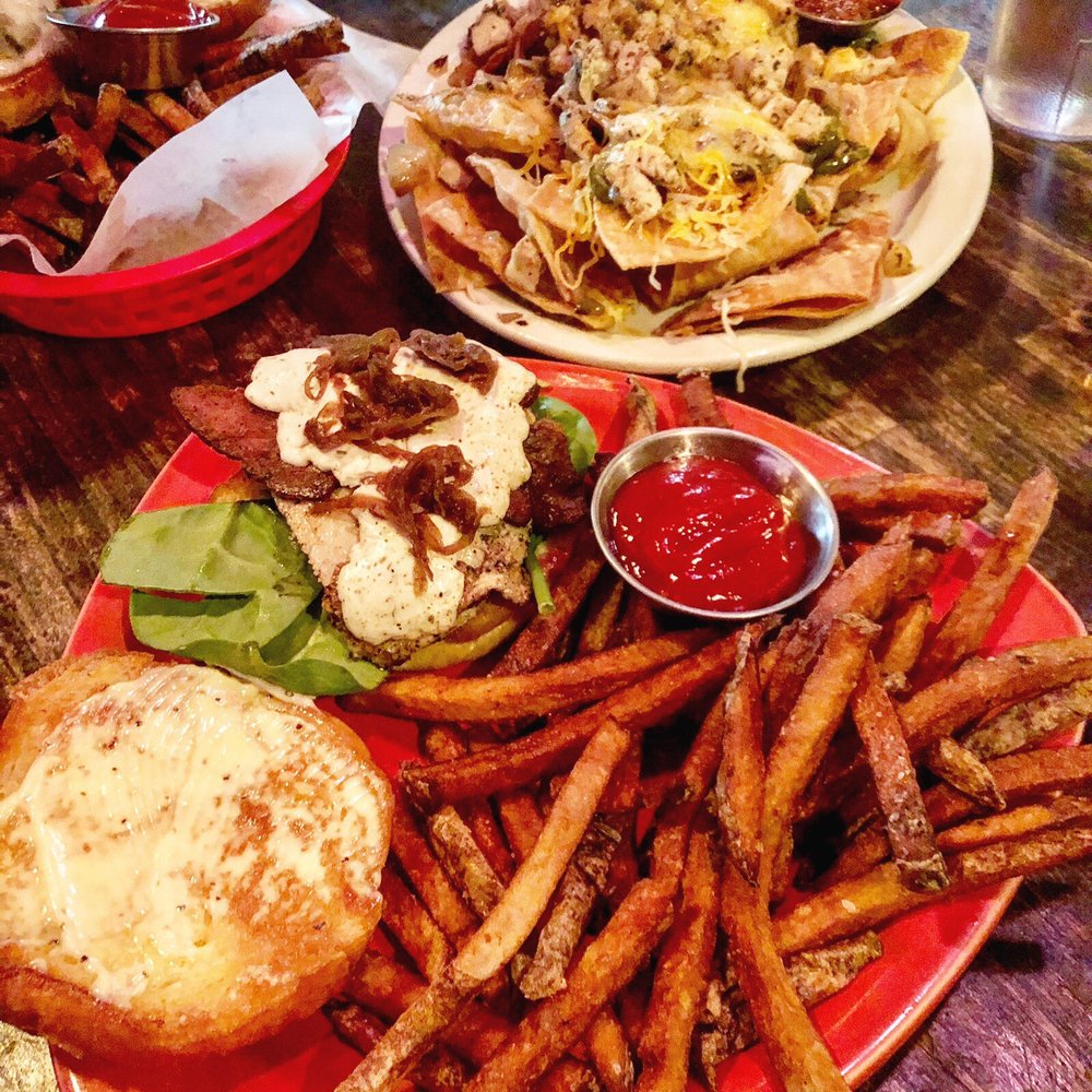 Chicken bacon sandwich with fries, chicken nachos, classic burger