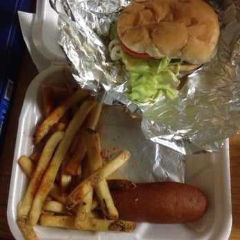 Cook Out - Steak style burger, Cajun seasoning fries, and a corn dog. - Burgers Near Me - Durham, North Carolina Cook Out - Steak style burger, Cajun seasoning fries, and a corn dog. - Burgers Near Me - Durham, North Carolina