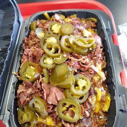 Pastrami chili cheese fries with jalapenos way too small Pastrami chili cheese fries with jalapenos way too small