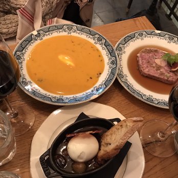 Au Bon Coin - Soup, fois gras in pâté, and the delicious soft boiled egg in red wine reduction and mushrooms. - Bistros Near Me - Paris, 75