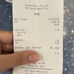 My receipt for a large iced matcha latte with soy milk. My receipt for a large iced matcha latte with soy milk.