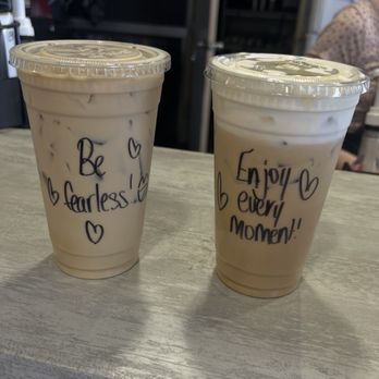 Midtown Perk - plain latte with sugar-free hazulnut syrup (left) and seasonal drink, hippie hazelnut (right) - Coffee & Tea Near Me - Alice, Texas