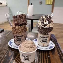 Death by Chocolate Milkshake (whipped cream on the side) and Cookie Doughlicious Milkshake