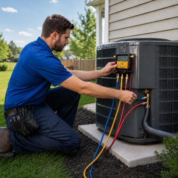 EMCO Tech Heating & Cooling - EMCO Tech technician with refrigerant manifold attached to AC unit checking refrigerant level and there is ice buildup on lineset - Plumbing Near Me - Philadelphia, Pennsylvania EMCO Tech Heating & Cooling - EMCO Tech technician with refrigerant manifold attached to AC unit checking refrigerant level and there is ice buildup on lineset - Plumbing Near Me - Philadelphia, Pennsylvania