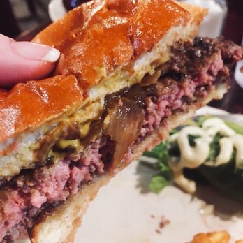 A J O'Brady's - Burger with fried onions and mustard - Irish Near Me - Menomonee Falls, Wisconsin