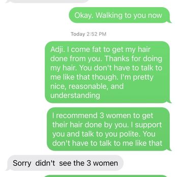 Aissa African Hair Braiding - #2 - told Adji I didn't like how she raised her voice at me.. just bc I mentioned I didn't like that she cut my hair (Without asking btw) - Hair Salons Near Me - Bronx, New York Aissa African Hair Braiding - #2 - told Adji I didn't like how she raised her voice at me.. just bc I mentioned I didn't like that she cut my hair (Without asking btw) - Hair Salons Near Me - Bronx, New York