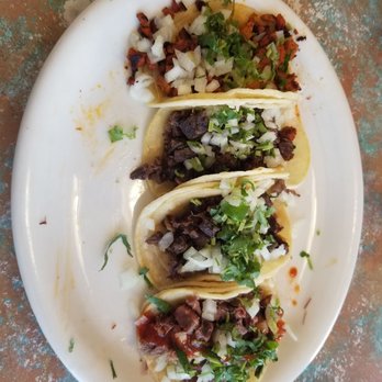 El Coyote Loco - Four "small" tacos each under $2, heaped with meat: cabeza, lengua, al pastor.  Slightly crisp tortillas held together beautifully. - Mexican Near Me - Lucerne Valley, California