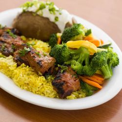 Chicken Dijon - Mediterranean Catering & Delivery - Steak Skewer plate on a bed of rice with choice of 2 sides.