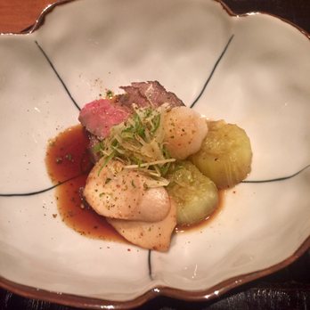 Wakuriya - Wagyu steak with Japanese eggplant, daikon, mushroom - Japanese Near Me - San Mateo, California
