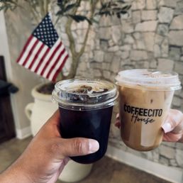 Left: black cold brew Right: churro oat latte Left: black cold brew Right: churro oat latte