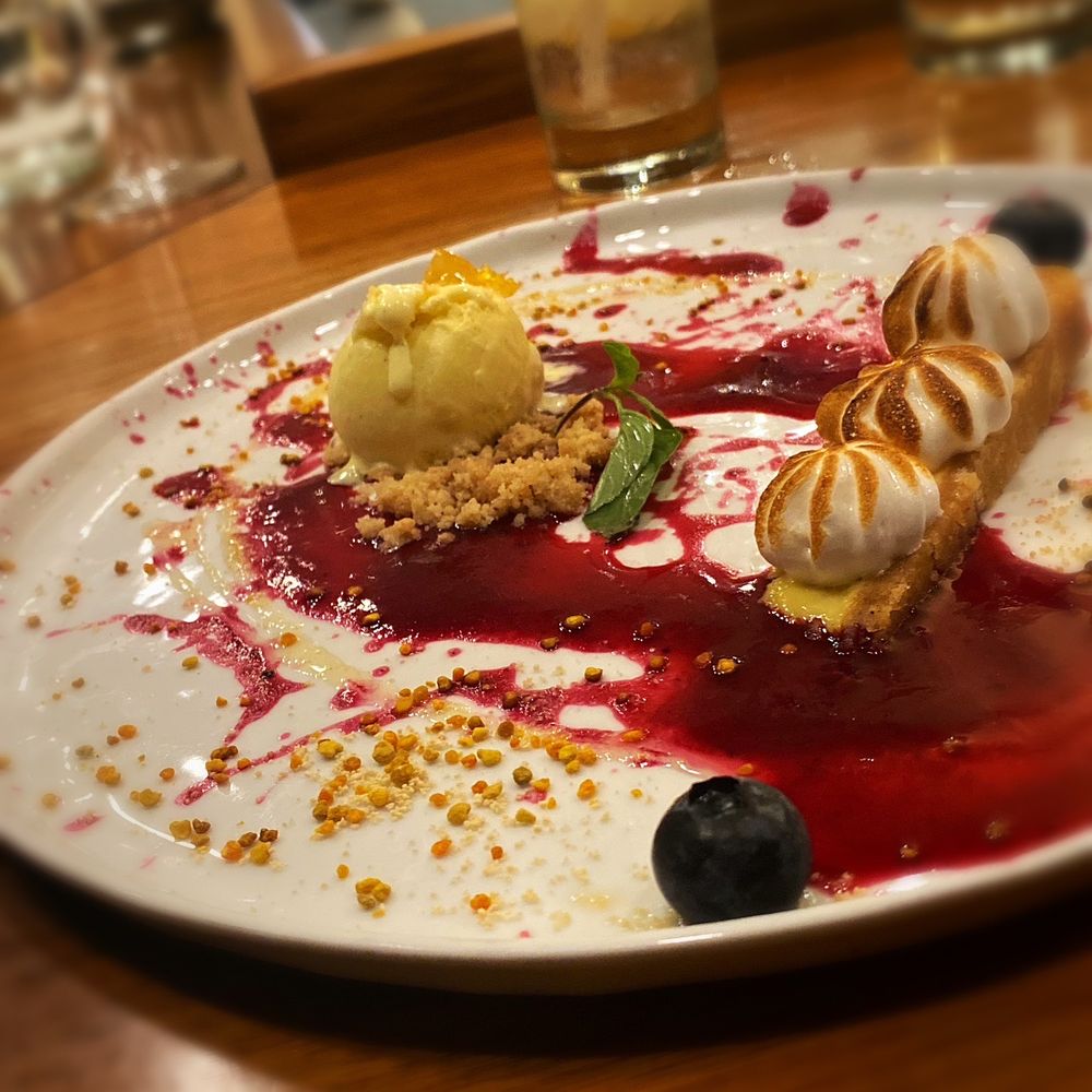 The Alden - PASSION MERINGUE TART vanilla bean gelato ~ blueberry ~ honey - New American Near Me - Chamblee, Georgia