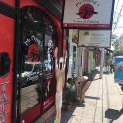 Mr Miyagi's Tattoo & Piercings - The storefront, complete with Daniel-san.
