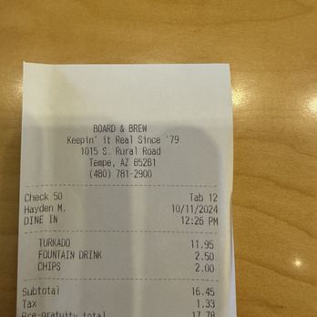 Board & Brew - Tempe - Receipt - Sandwiches Near Me - Tempe, Arizona Board & Brew - Tempe - Receipt - Sandwiches Near Me - Tempe, Arizona
