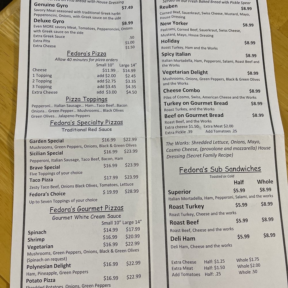 Fedora's Pizza & Deli - Fedoras menu 11/28/2021 - Pizza Near Me - Peoria, Illinois Fedora's Pizza & Deli - Fedoras menu 11/28/2021 - Pizza Near Me - Peoria, Illinois