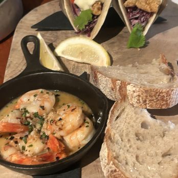 Rodney's Oyster House - Prawn skillet and halibut tacos - Seafood Near Me - Vancouver, British Columbia