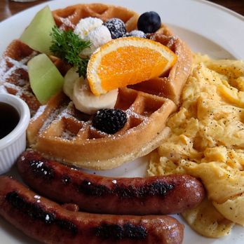 Lapisara Eatery - Belgian Waffle with Chicken Apple Sausage and Scrambled Eggs. - Breakfast & Brunch Near Me - San Francisco, California Lapisara Eatery - Belgian Waffle with Chicken Apple Sausage and Scrambled Eggs. - Breakfast & Brunch Near Me - San Francisco, California