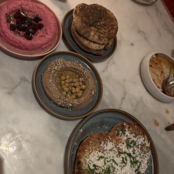 Leonetta - Beetroot tatziki Black garlic hummus Pita - Mediterranean Near Me - New York, New York Leonetta - Beetroot tatziki Black garlic hummus Pita - Mediterranean Near Me - New York, New York